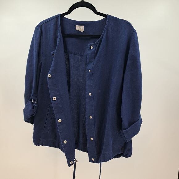 Chico's Utility Jacket 2 L Linen Snap Front 3/4 Tab Sleeve Lightweight Navy Blue - Picture 4 of 8